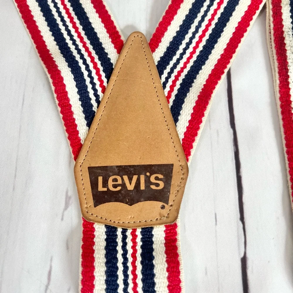 Vintage Levi’s Red White Blue Striped Suspenders Button End Leather Y-Back OS